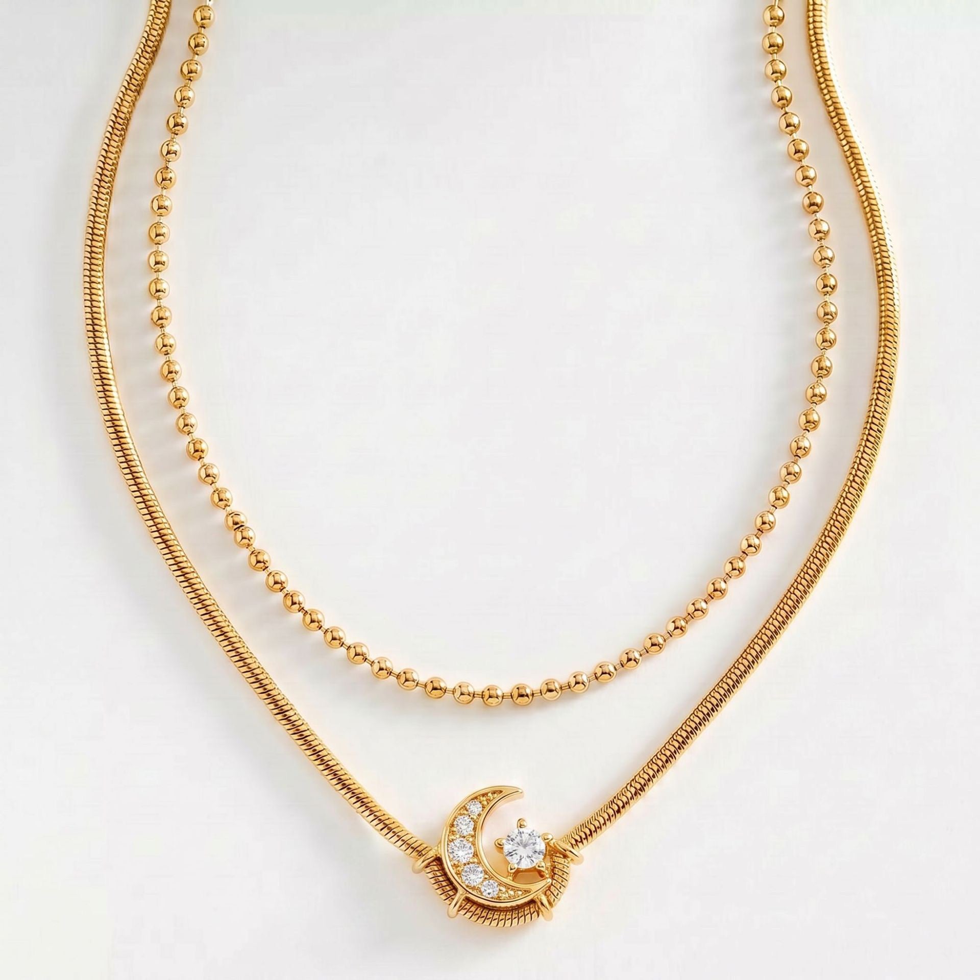 Luxury Layered Crescent & Heart Pendant Necklace | Ball Chain & Snake Chain – Multi-Style Everyday Wear