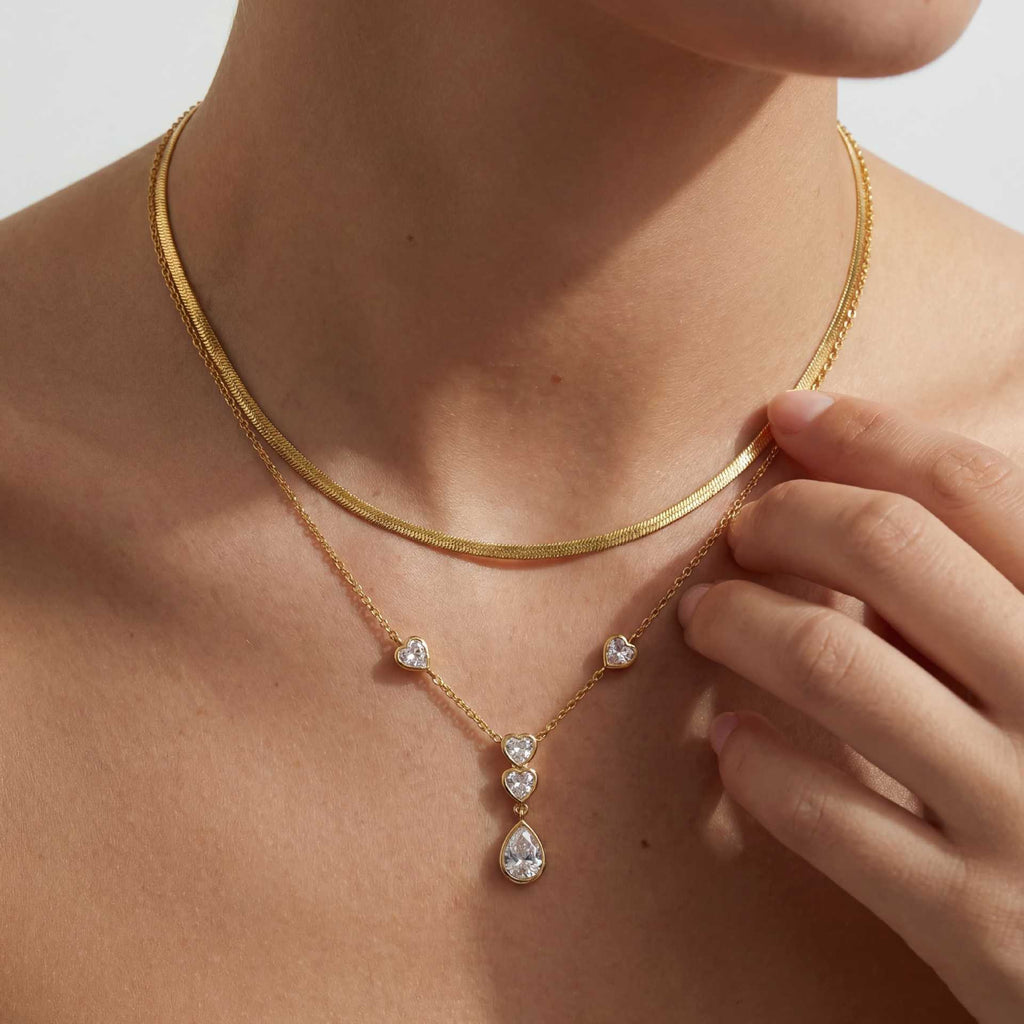 Vintage Gold Layered Necklace | Heart & Teardrop Diamond Tassel – Luxury Statement Piece