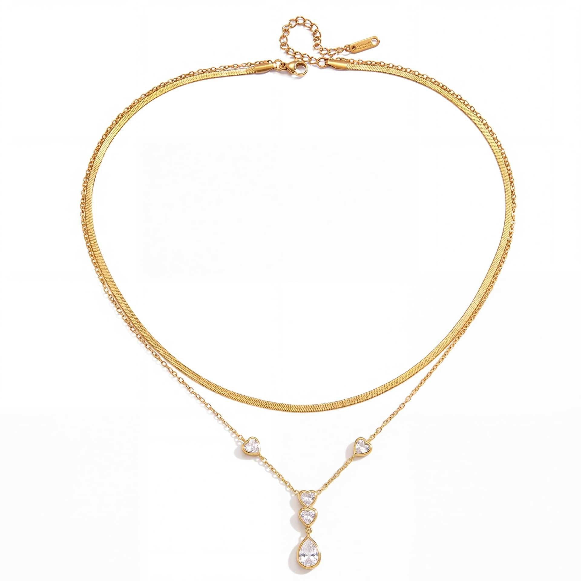 Vintage Gold Layered Necklace | Heart & Teardrop Diamond Tassel – Luxury Statement Piece