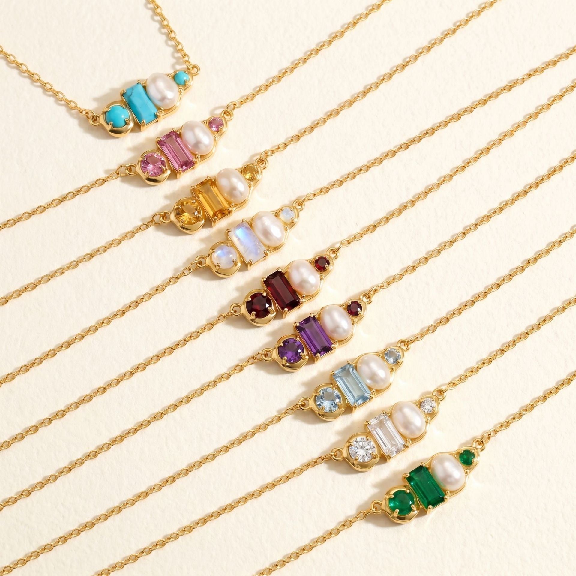 Luxury Gemstone & Pearl Bar Necklace | Multi-Color 18K Gold Plated – 12 Birthstone Options