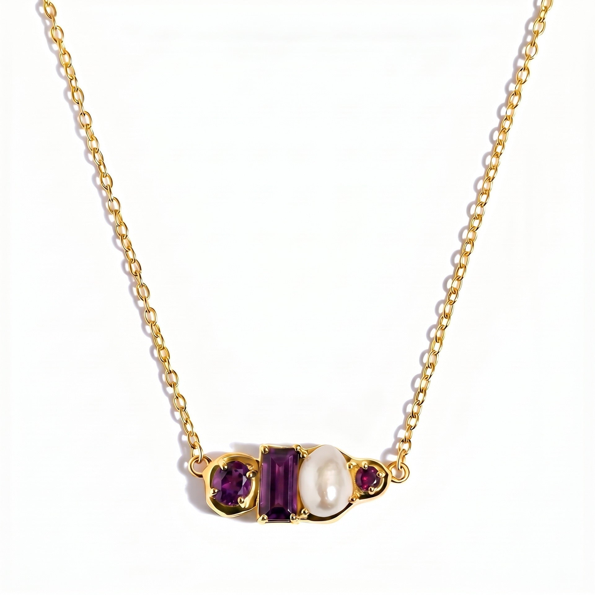 Luxury Gemstone & Pearl Bar Necklace | Multi-Color 18K Gold Plated – 12 Birthstone Options