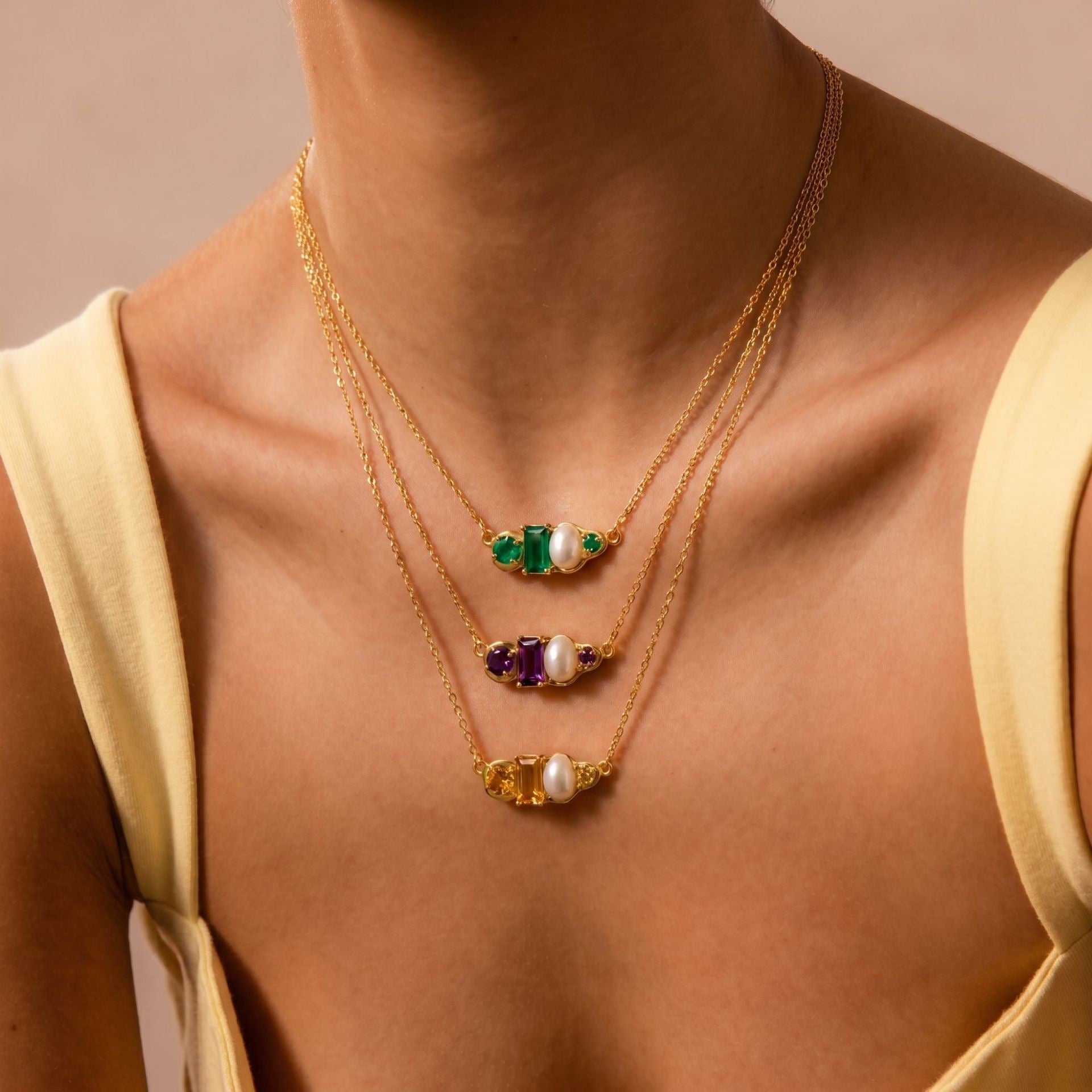 Luxury Gemstone & Pearl Bar Necklace | Multi-Color 18K Gold Plated – 12 Birthstone Options