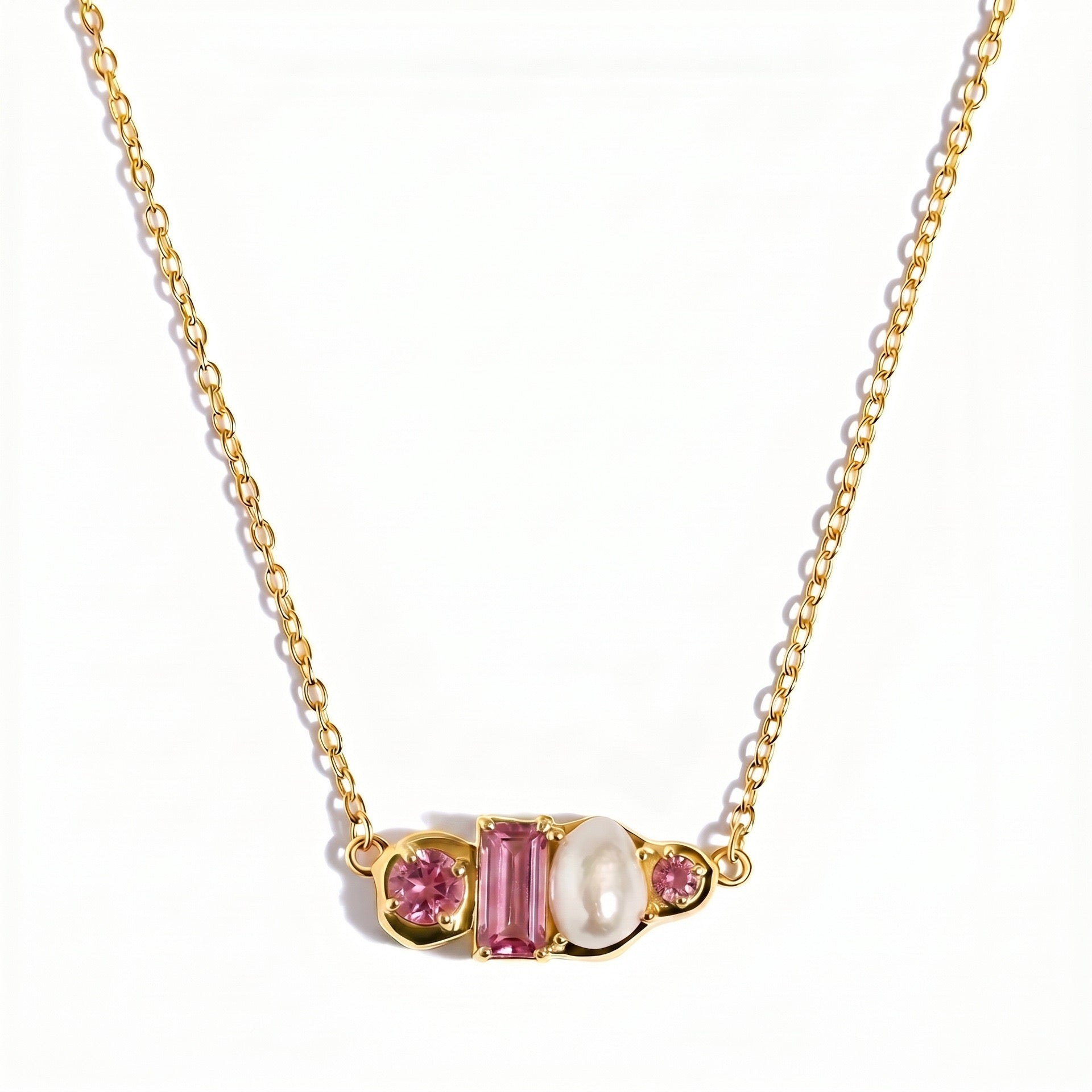 Luxury Gemstone & Pearl Bar Necklace | Multi-Color 18K Gold Plated – 12 Birthstone Options