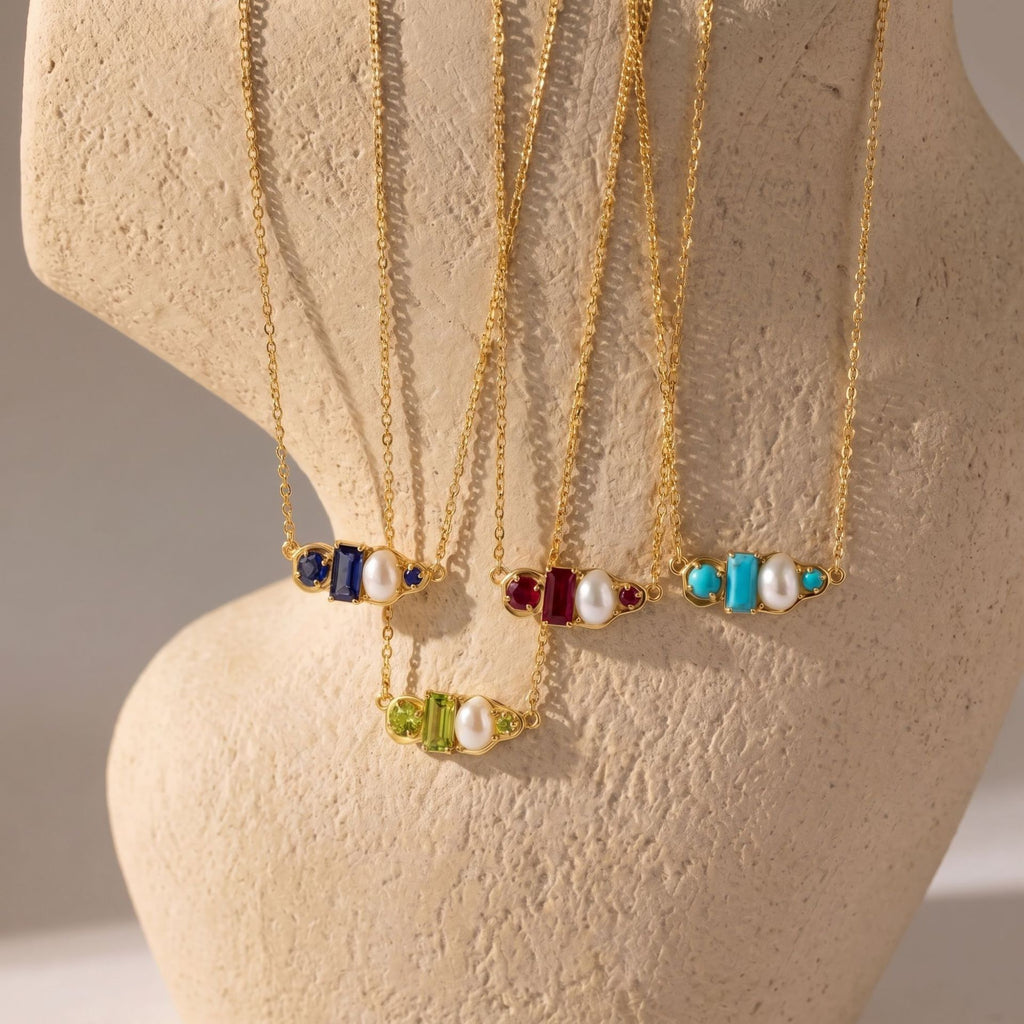 Luxury Gemstone & Pearl Bar Necklace | Multi-Color 18K Gold Plated – 12 Birthstone Options