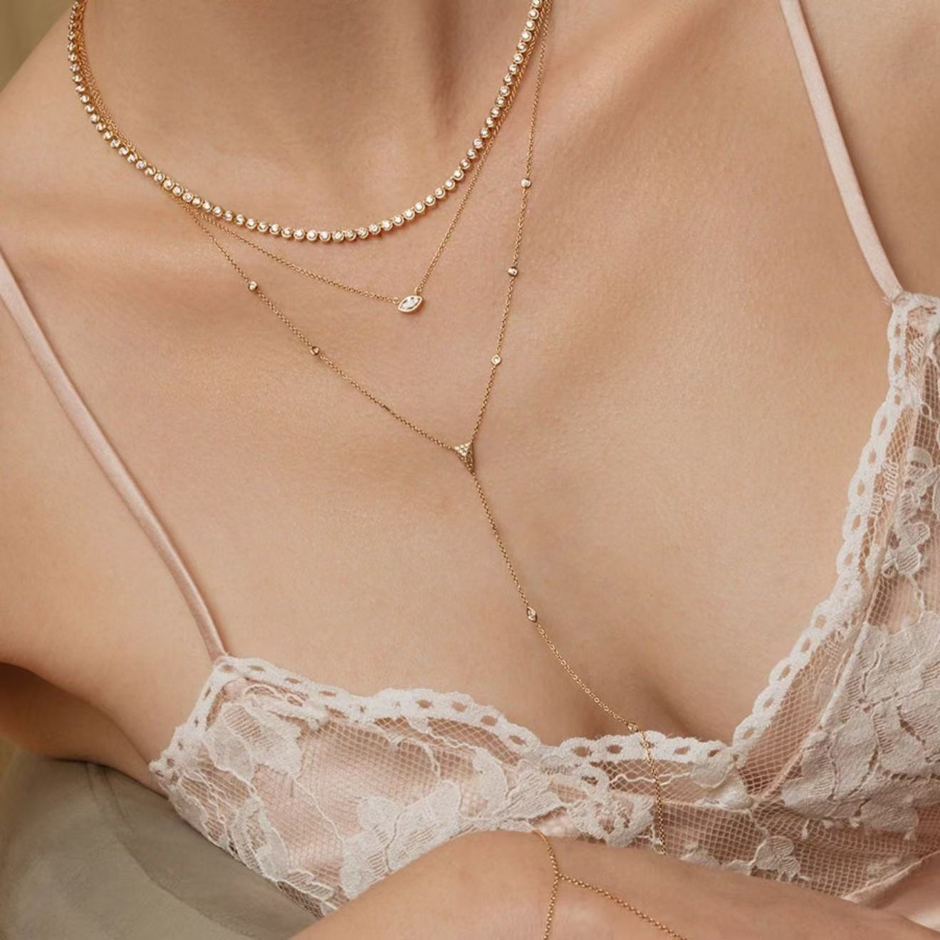 Luxury Full Gold Diamond Necklace | Dot Pavé, Bubble & Tassel Multi-Style Versatile