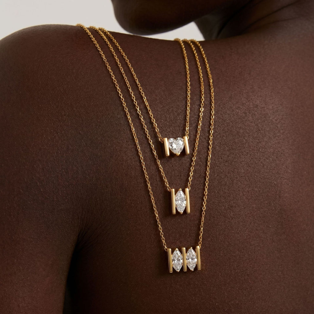 Luxury Minimalist White Diamond Heart & Marquise Necklace | 18K Gold Plated | Everyday Versatile