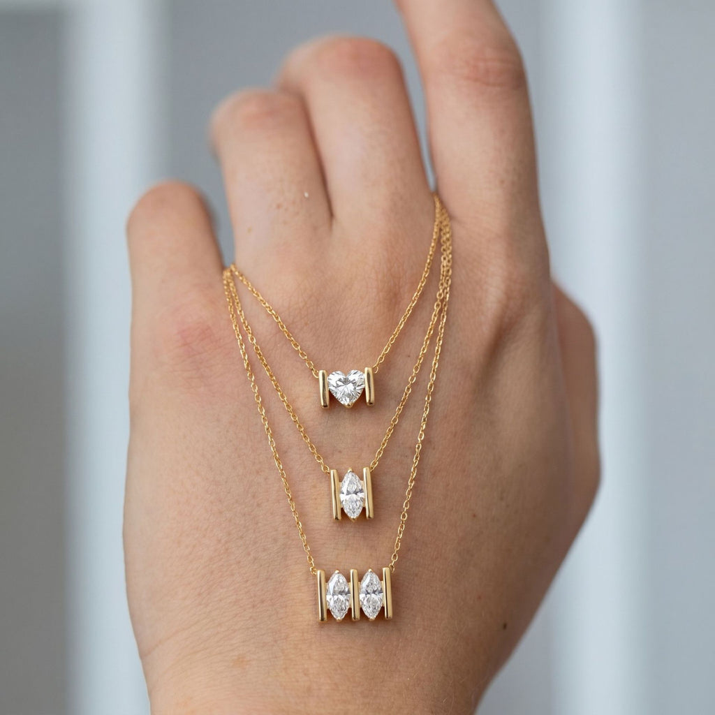 Luxury Minimalist White Diamond Heart & Marquise Necklace | 18K Gold Plated | Everyday Versatile