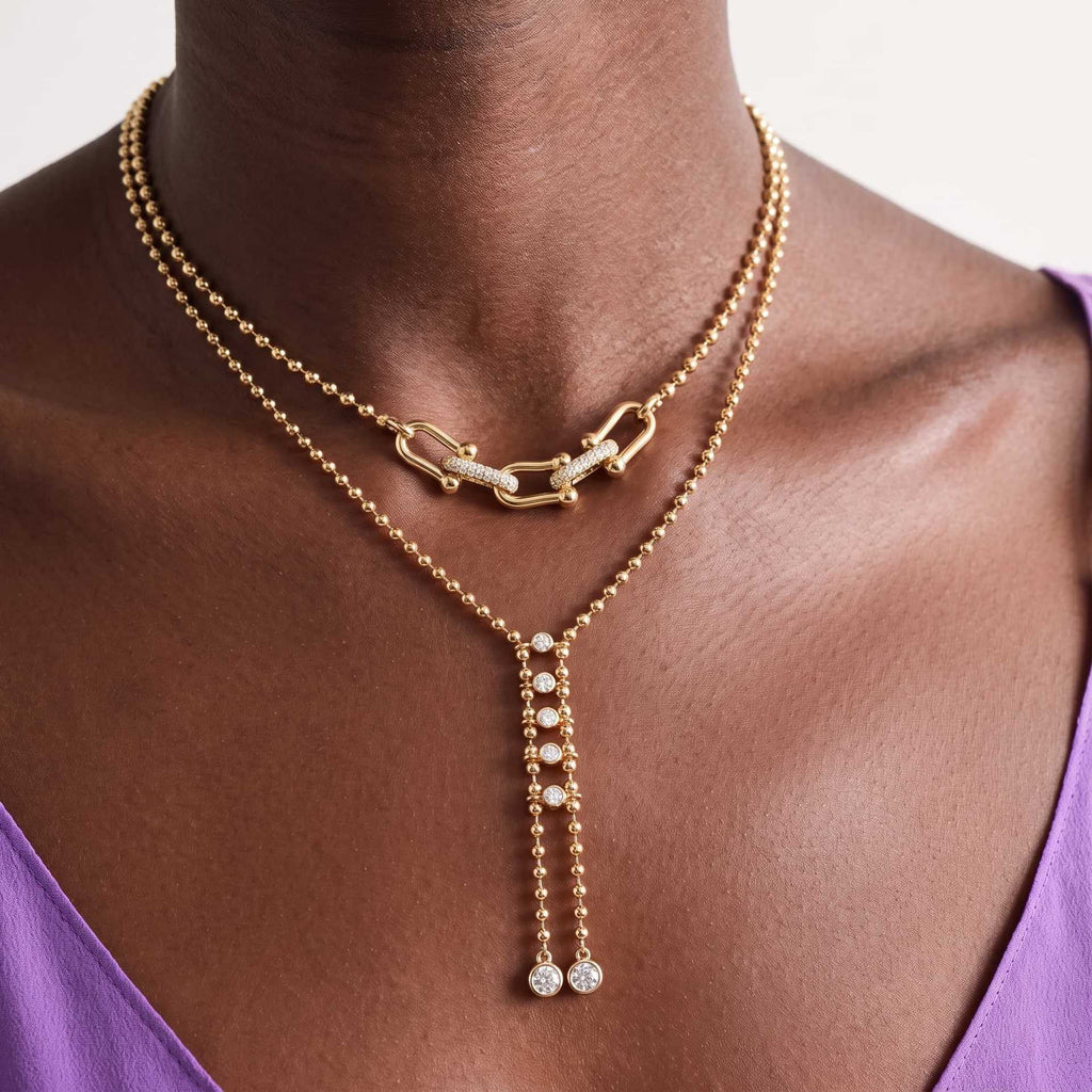 Luxury Titanium Steel Gold Bead Necklace | Y-Chain, Tassel, Pearl & Diamond | Everyday Versatile Gift