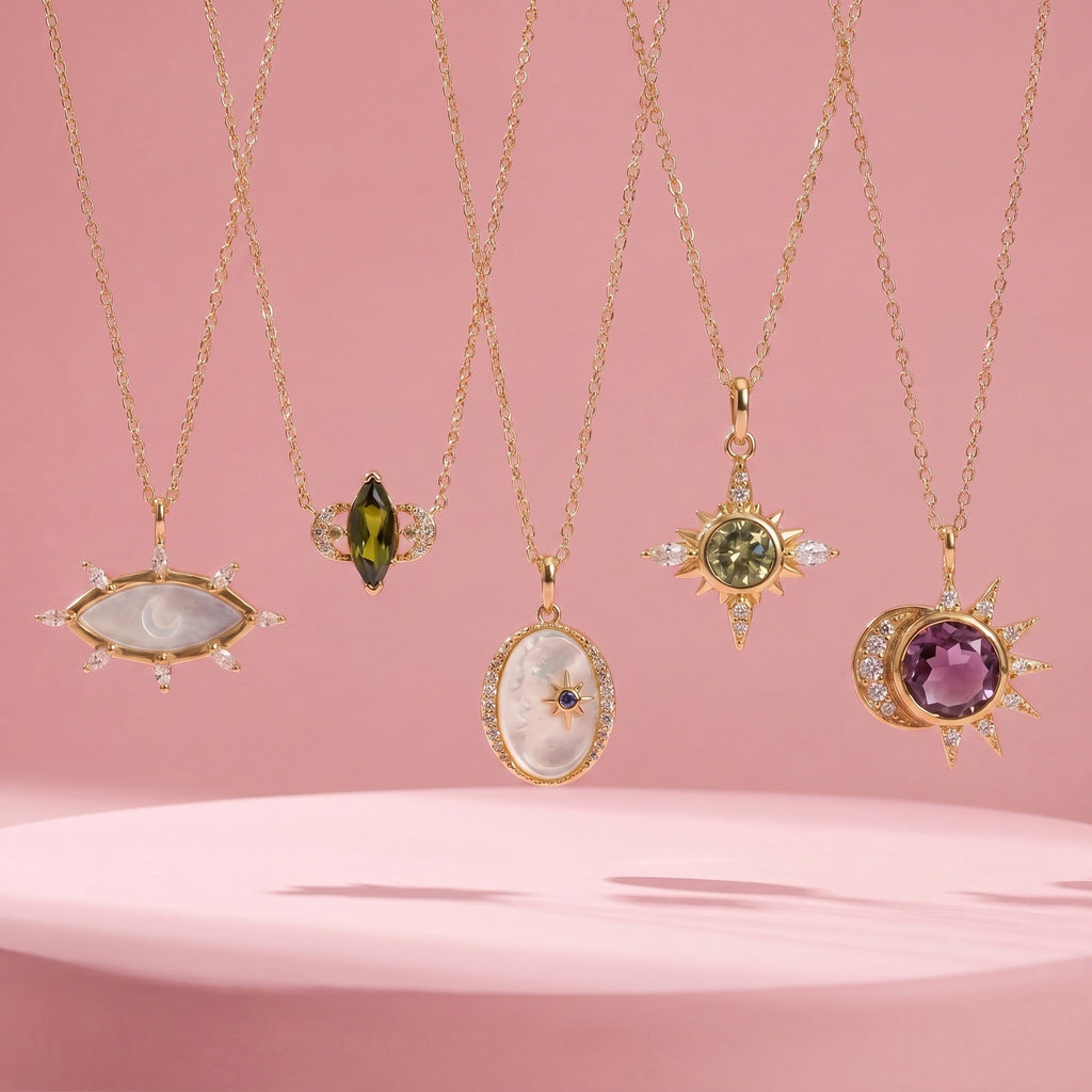 French Star & Moon Necklace | White Shell, Eight-Pointed Star, Olive Zircon & Evil Eye Multi-Style