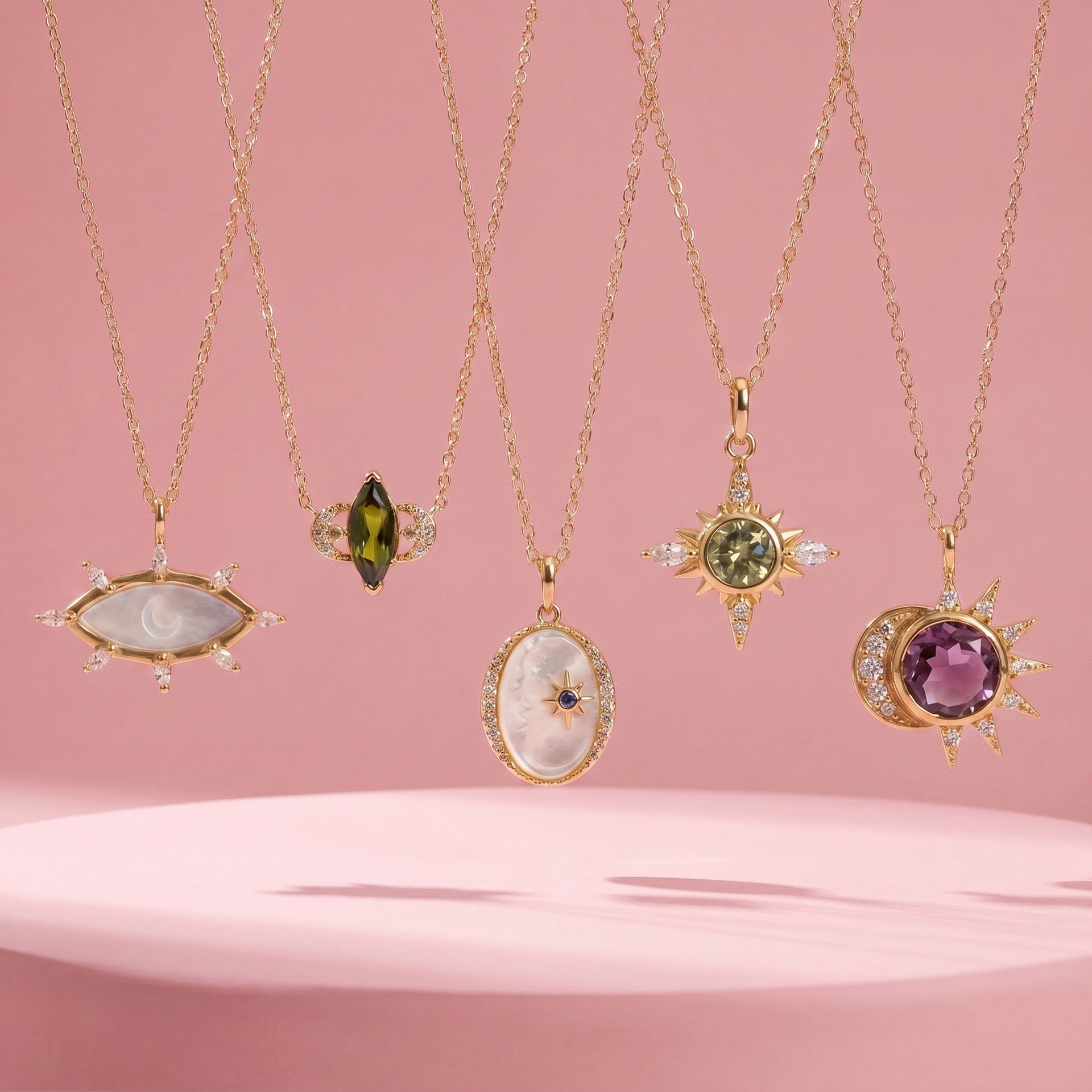 French Star & Moon Necklace | White Shell, Eight-Pointed Star, Olive Zircon & Evil Eye Multi-Style
