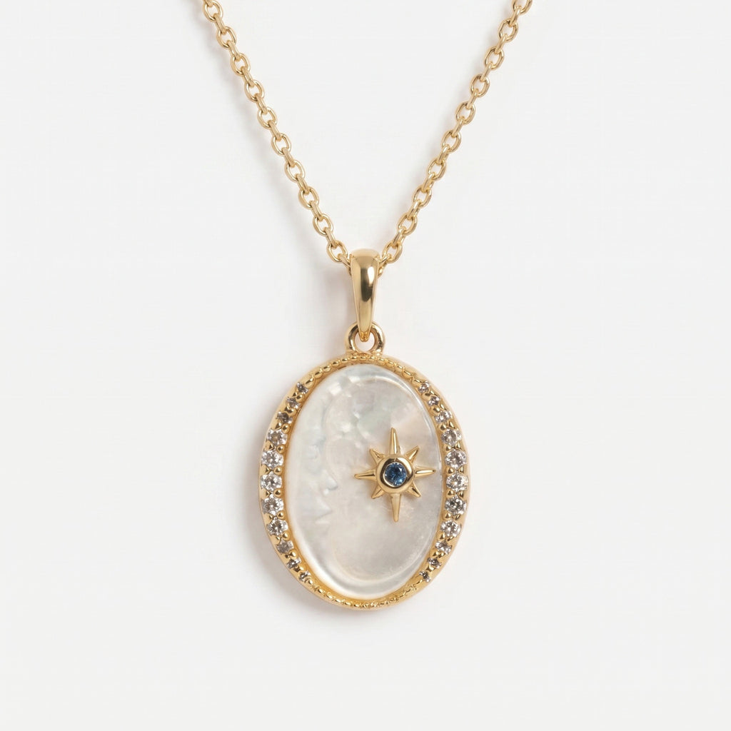 French Star & Moon Necklace | White Shell, Eight-Pointed Star, Olive Zircon & Evil Eye Multi-Style