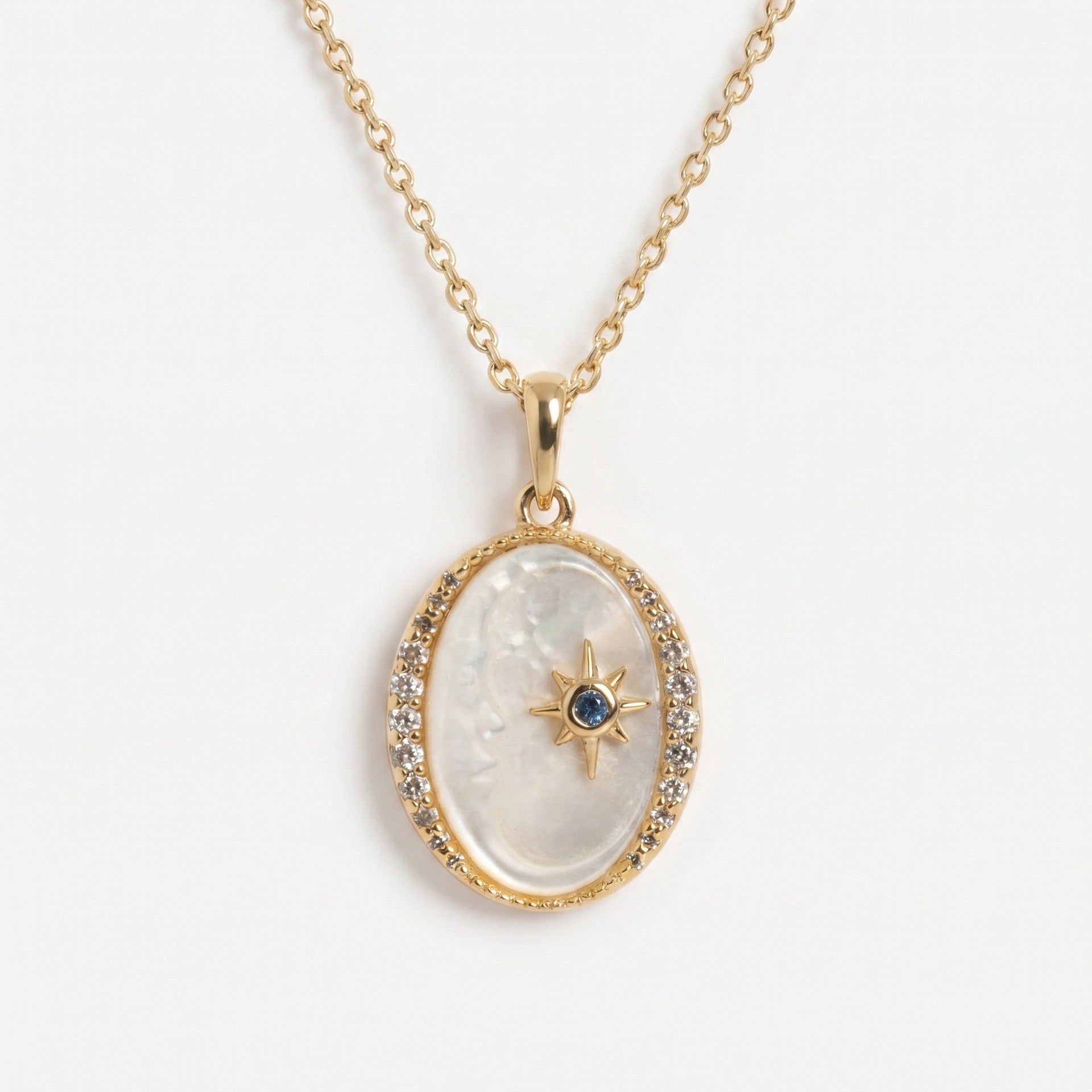 French Star & Moon Necklace | White Shell, Eight-Pointed Star, Olive Zircon & Evil Eye Multi-Style