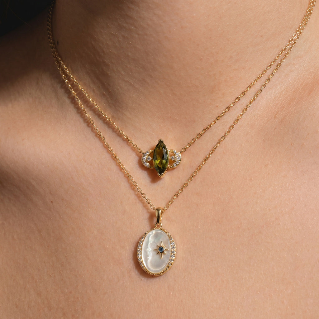 French Star & Moon Necklace | White Shell, Eight-Pointed Star, Olive Zircon & Evil Eye Multi-Style
