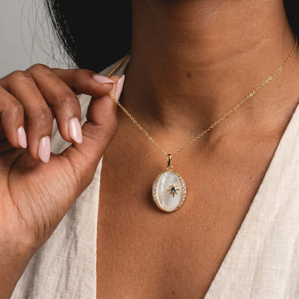 French Star & Moon Necklace | White Shell, Eight-Pointed Star, Olive Zircon & Evil Eye Multi-Style