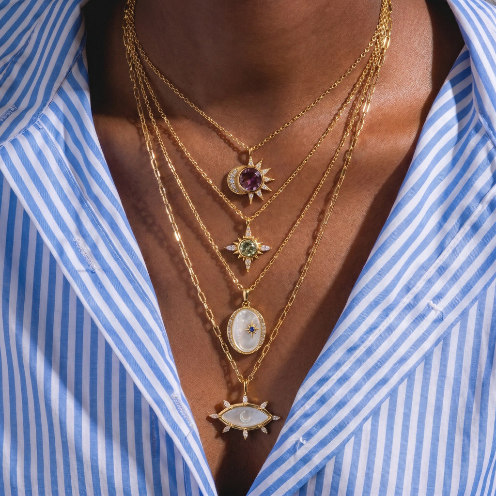 French Star & Moon Necklace | White Shell, Eight-Pointed Star, Olive Zircon & Evil Eye Multi-Style