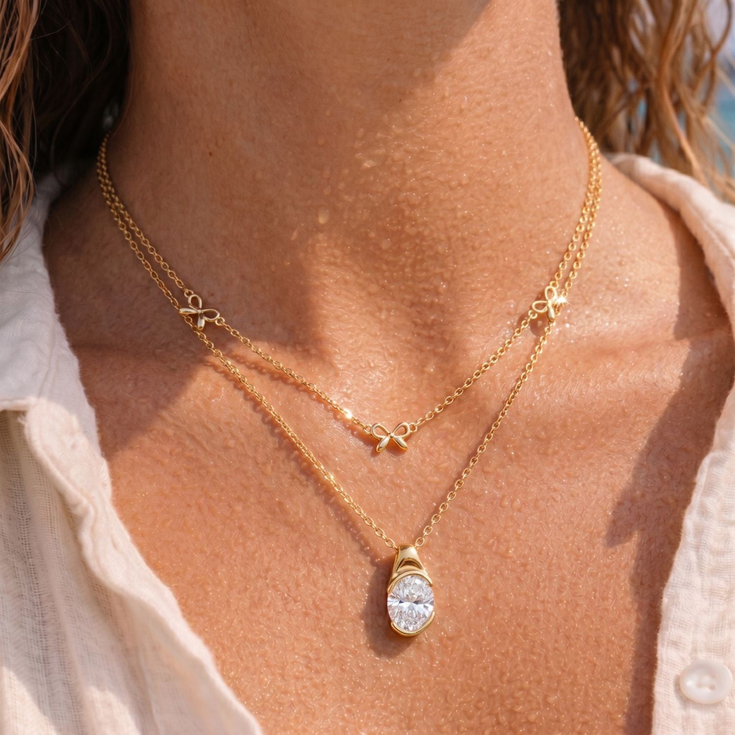Luxury Layered Diamond Necklace | Bow, Multi-Diamond Teardrop & Oval Multi-Cut | Everyday Versatile