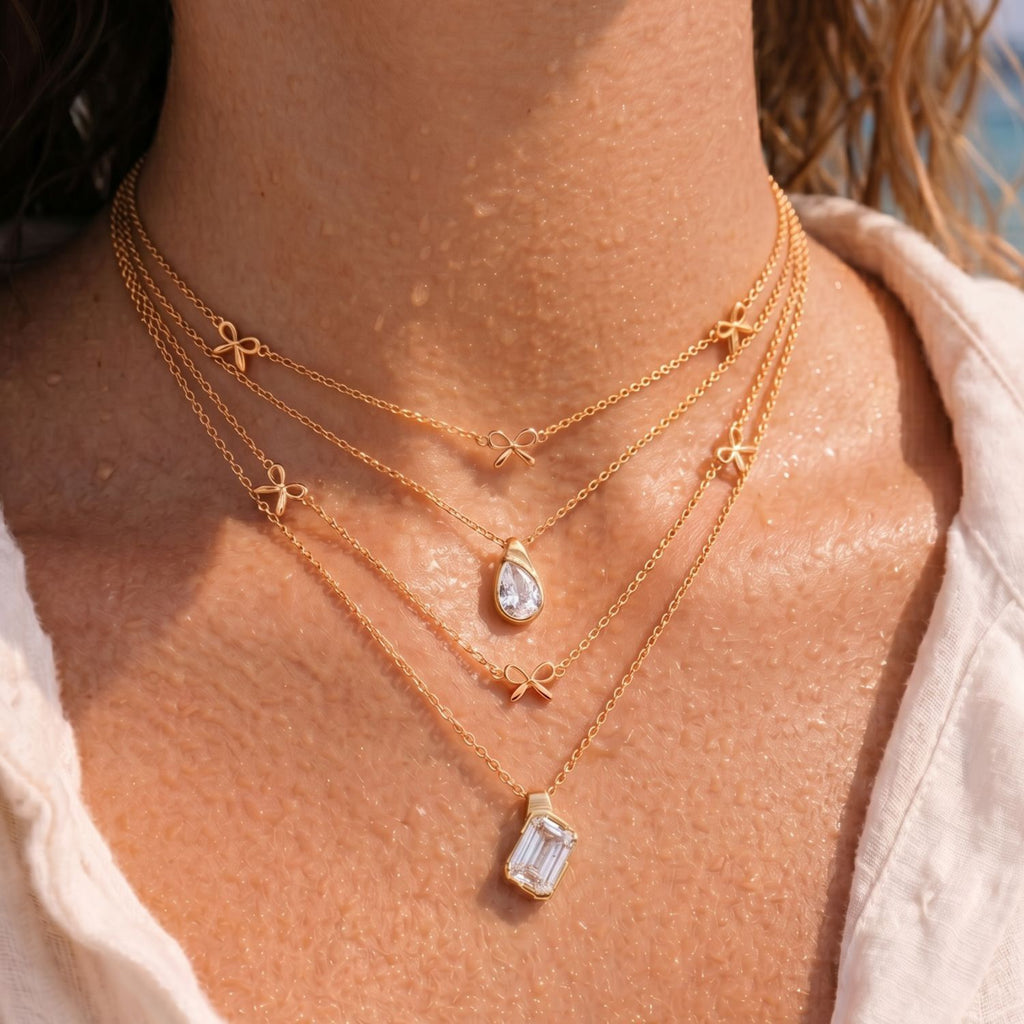 Luxury Layered Diamond Necklace | Bow, Multi-Diamond Teardrop & Oval Multi-Cut | Everyday Versatile