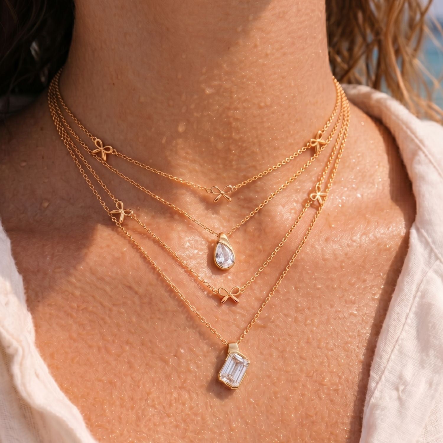 Luxury Layered Diamond Necklace | Bow, Multi-Diamond Teardrop & Oval Multi-Cut | Everyday Versatile
