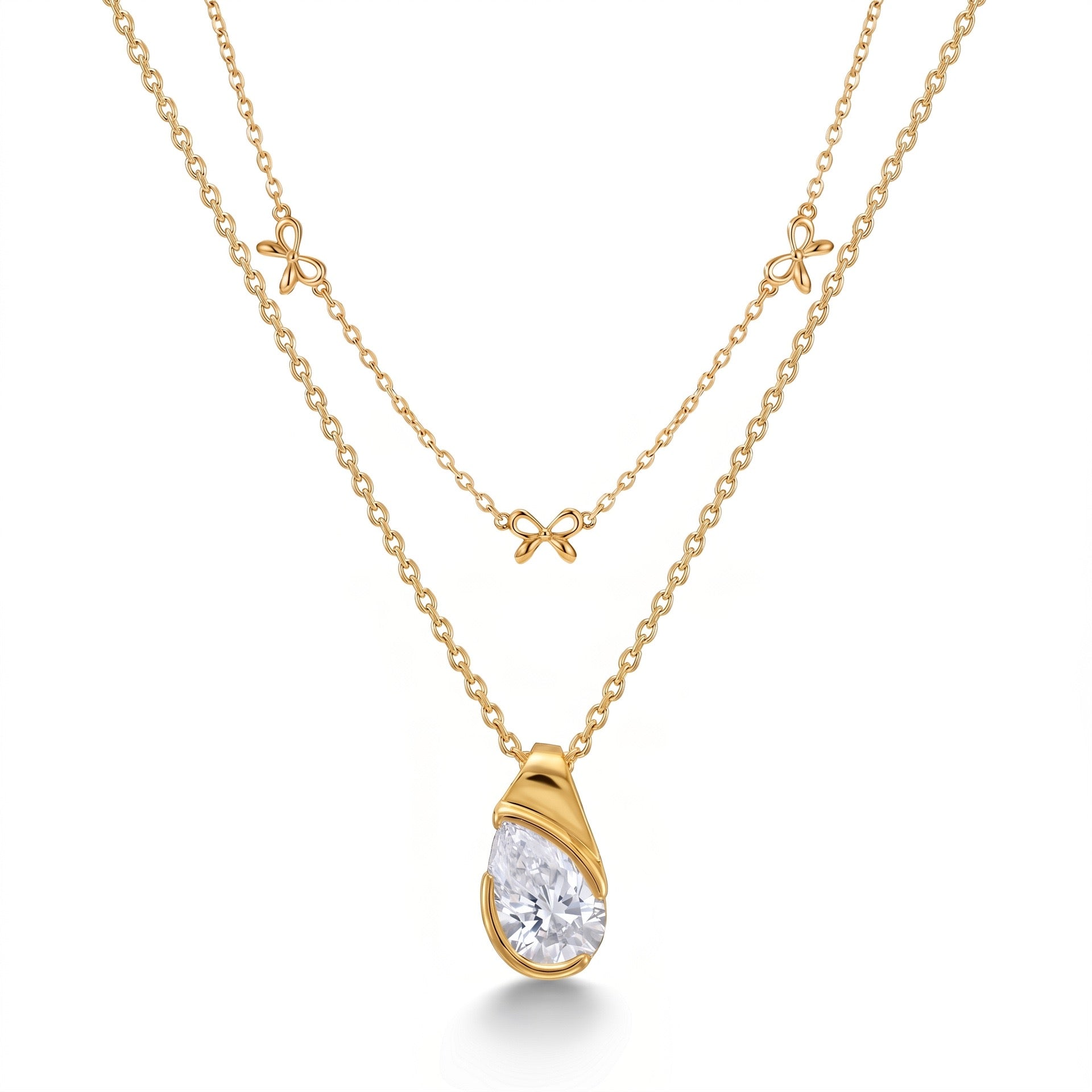 Luxury Layered Diamond Necklace | Bow, Multi-Diamond Teardrop & Oval Multi-Cut | Everyday Versatile