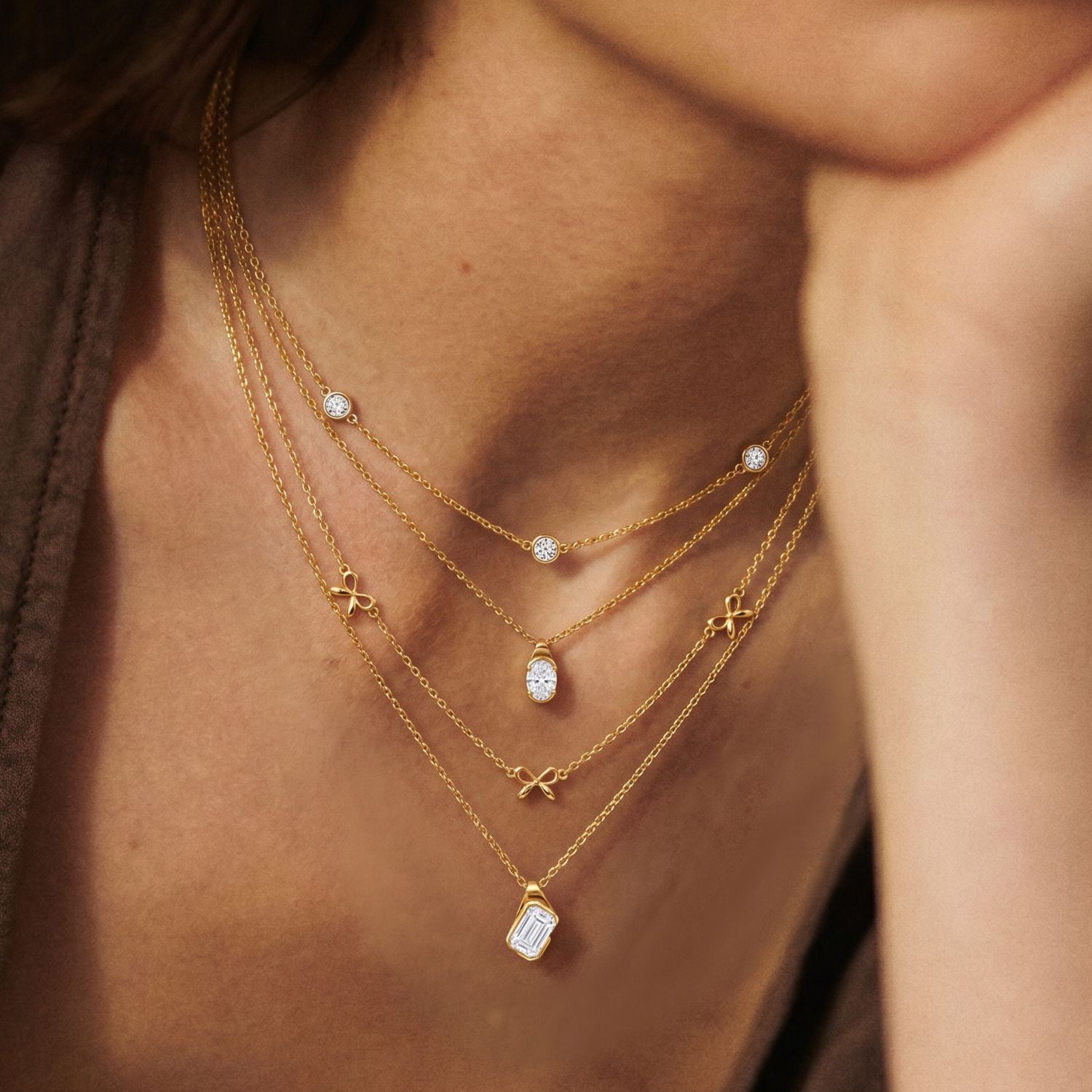 Luxury Layered Diamond Necklace | Bow, Multi-Diamond Teardrop & Oval Multi-Cut | Everyday Versatile