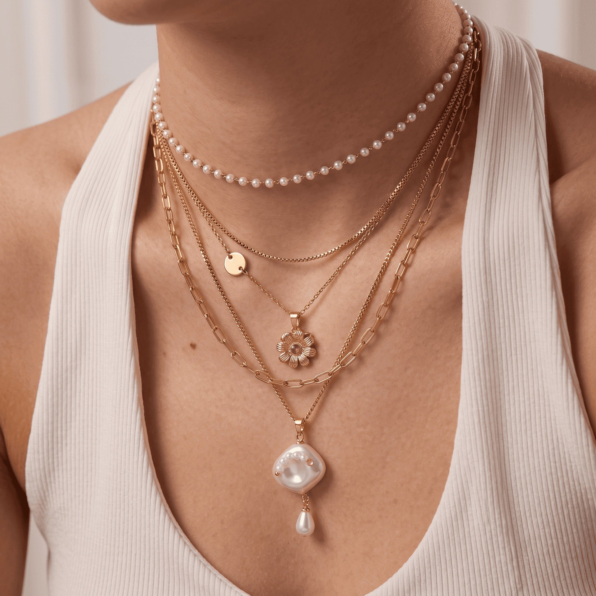 Luxury Multi-Layer Necklace | Baroque Pearl, Floral Bouquet & Heart Zircon | Everyday Versatile