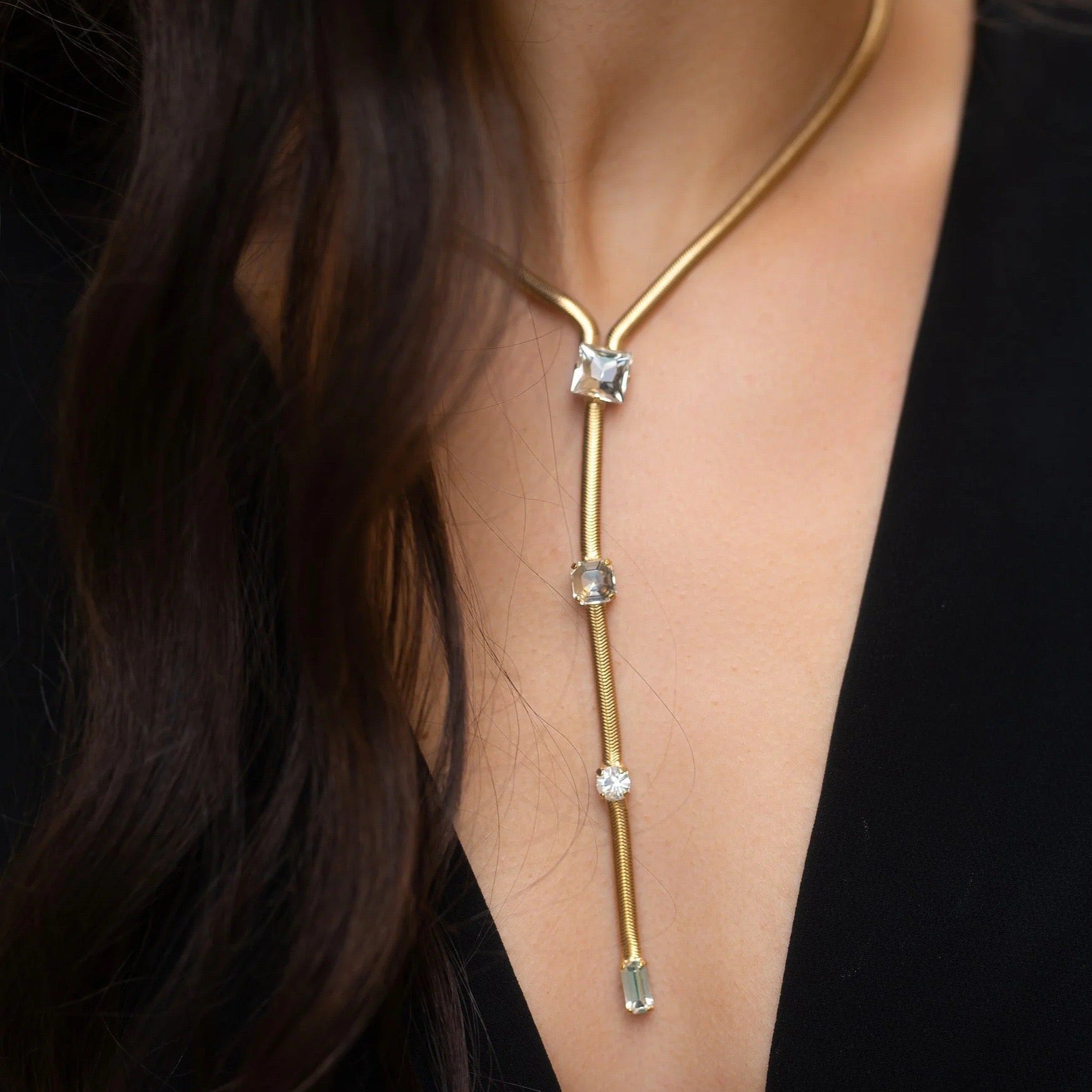 Luxury Titanium Steel Snake Bone Y-Chain Long Necklace with Geometric Pendant