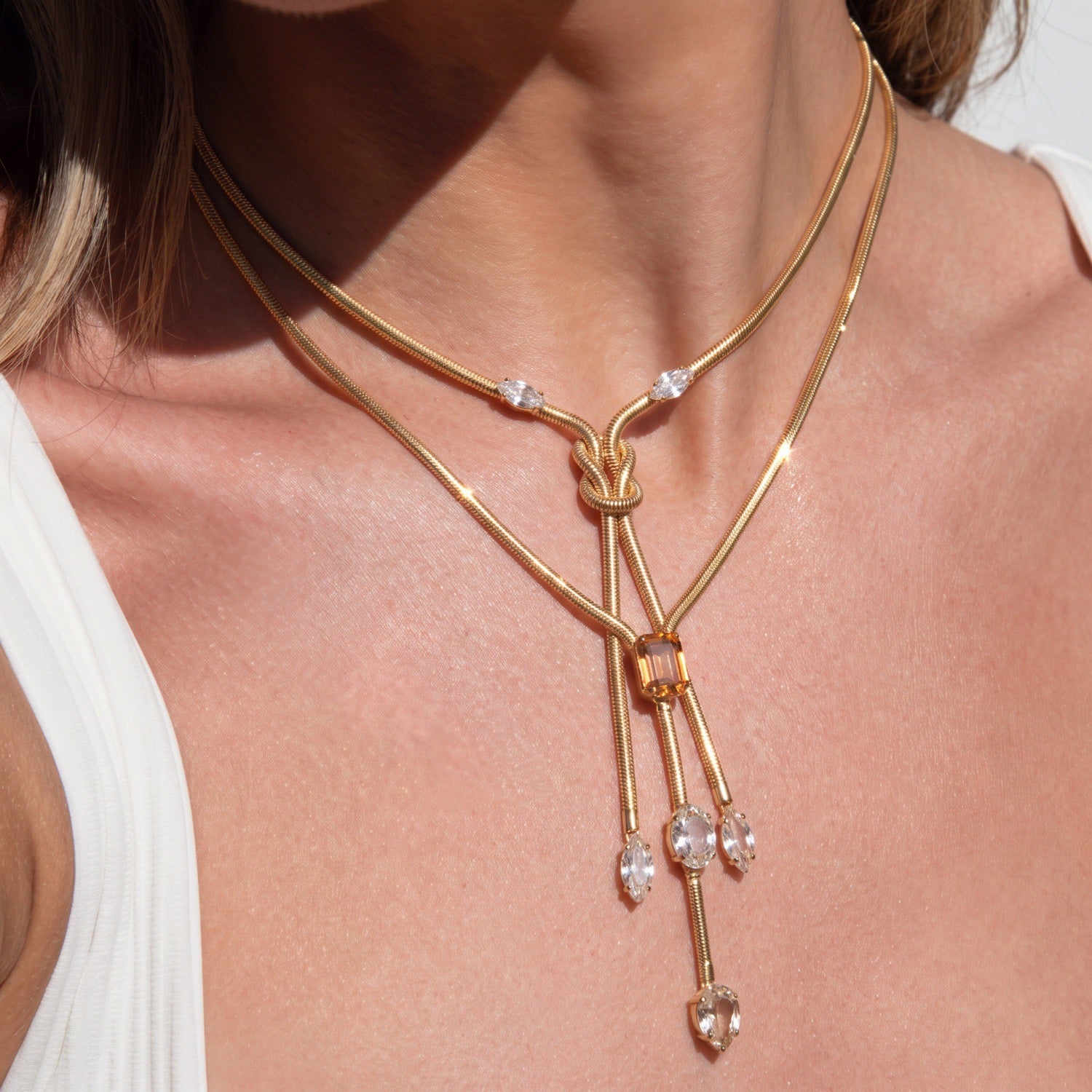 Luxury Titanium Steel Snake Bone Y-Chain Long Necklace with Geometric Pendant
