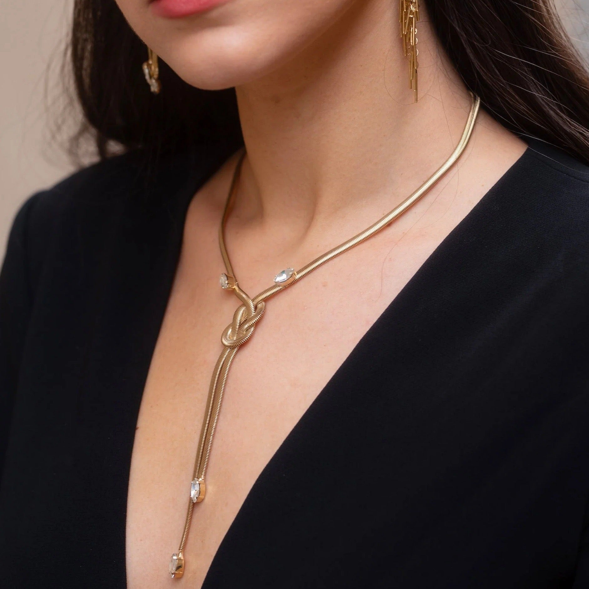 Luxury Titanium Steel Snake Bone Y-Chain Long Necklace with Geometric Pendant