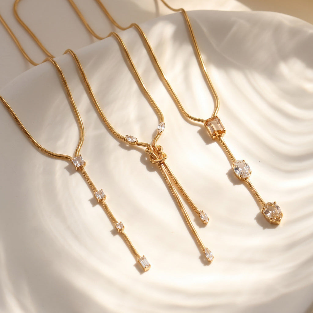 Luxury Titanium Steel Snake Bone Y-Chain Long Necklace with Geometric Pendant