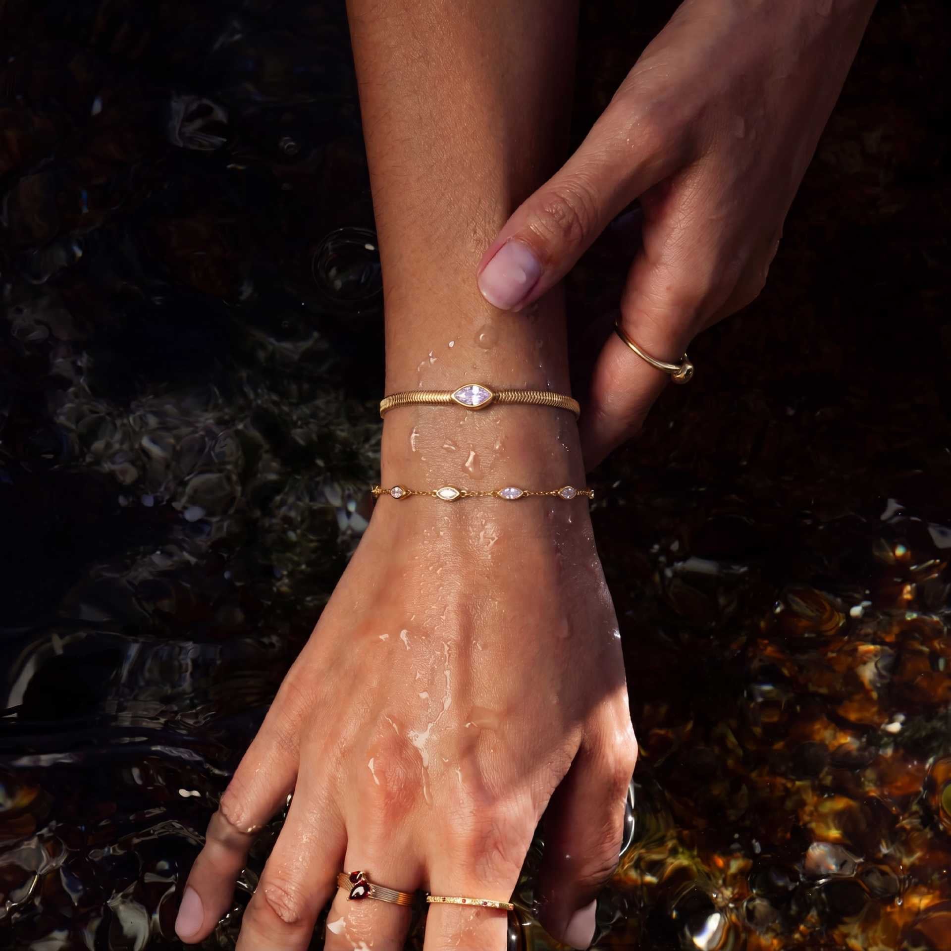 Bestselling Titanium Steel 18K Gold Bracelet | Teardrop & Marquise Zirconia Snake Bone Chain
