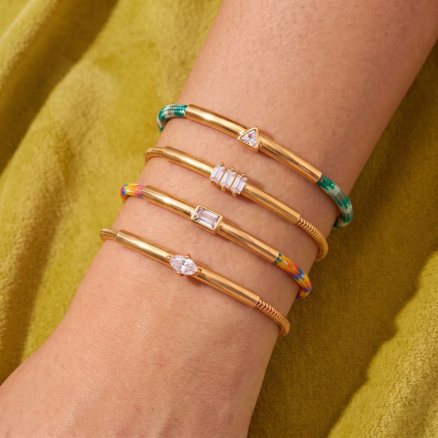 Luxury Snake Bone & Colourful Braided Rope Bracelet | Geometric Zirconia Arc Tube Bangle