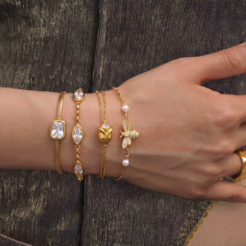 Bestselling Titanium Steel Bracelet | Snake Bone Chain with Square, Marquise & Heart Zirconia | 18K Vacuum Plated