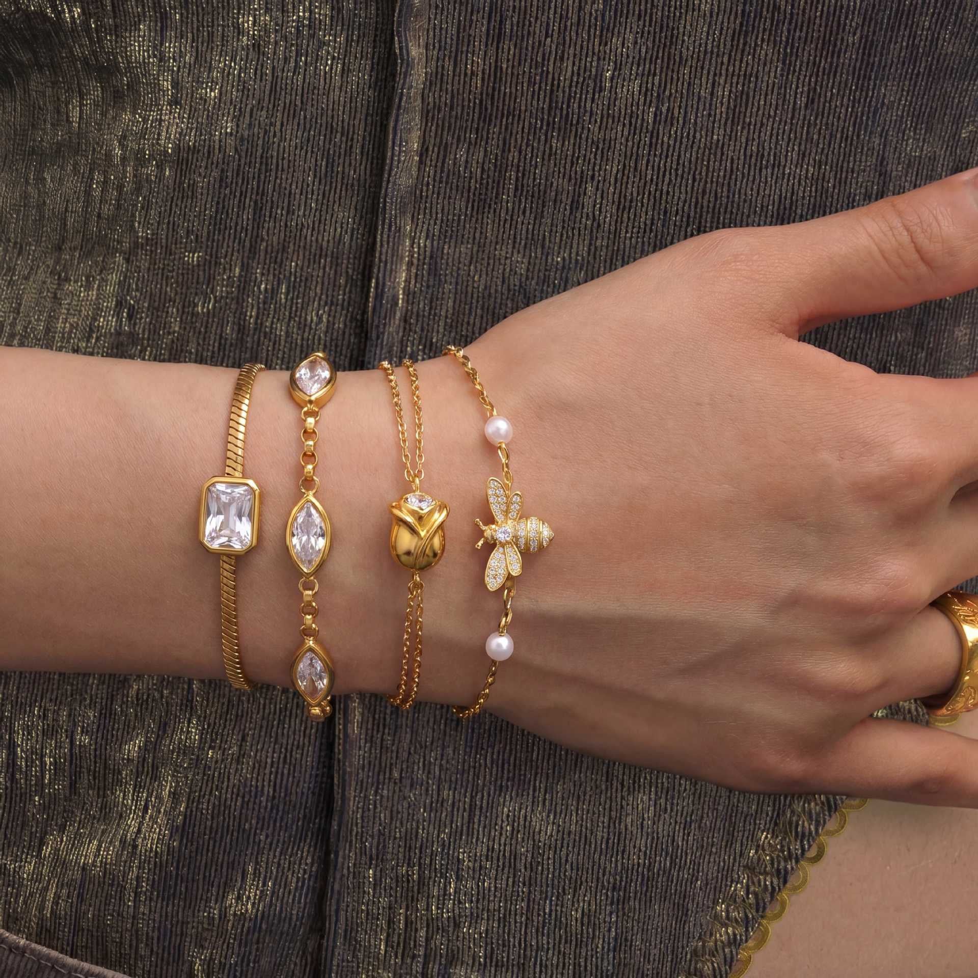 Bestselling Titanium Steel Bracelet | Snake Bone Chain with Square, Marquise & Heart Zirconia | 18K Vacuum Plated