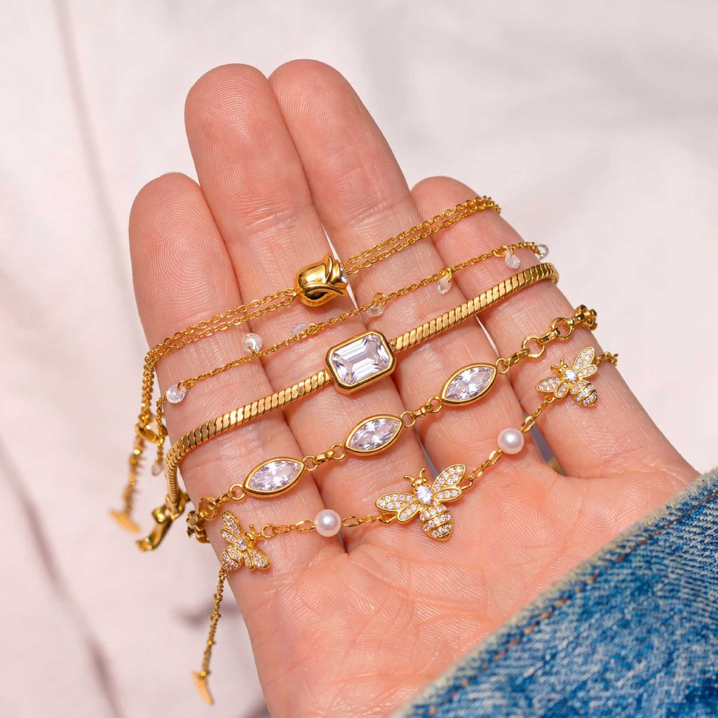 Bestselling Titanium Steel Bracelet | Snake Bone Chain with Square, Marquise & Heart Zirconia | 18K Vacuum Plated