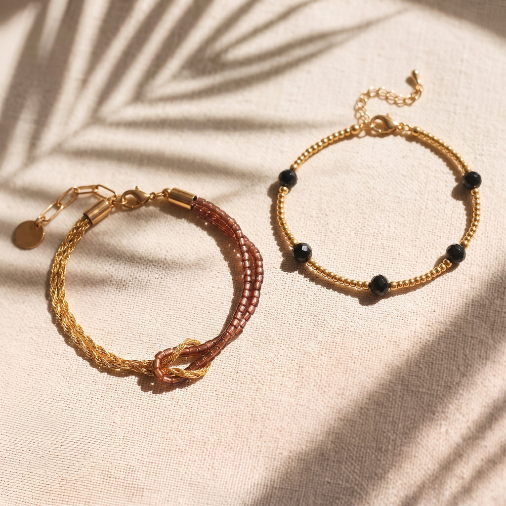 Bestselling Gold Bracelet | Braided Rope & Black Beaded Strand | Minimalist Everyday Style