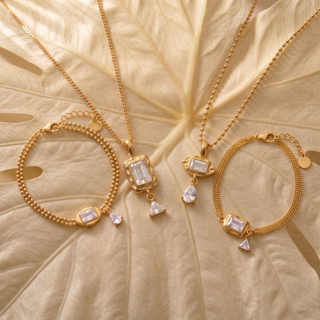Bestselling Titanium Steel Geometric Zirconia Necklace & Bracelet Set | Minimalist Luxury 18K Gold Vacuum Plated