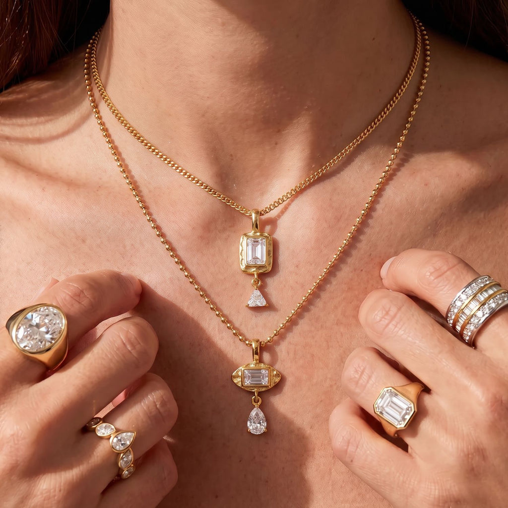 Bestselling Titanium Steel Geometric Zirconia Necklace & Bracelet Set | Minimalist Luxury 18K Gold Vacuum Plated