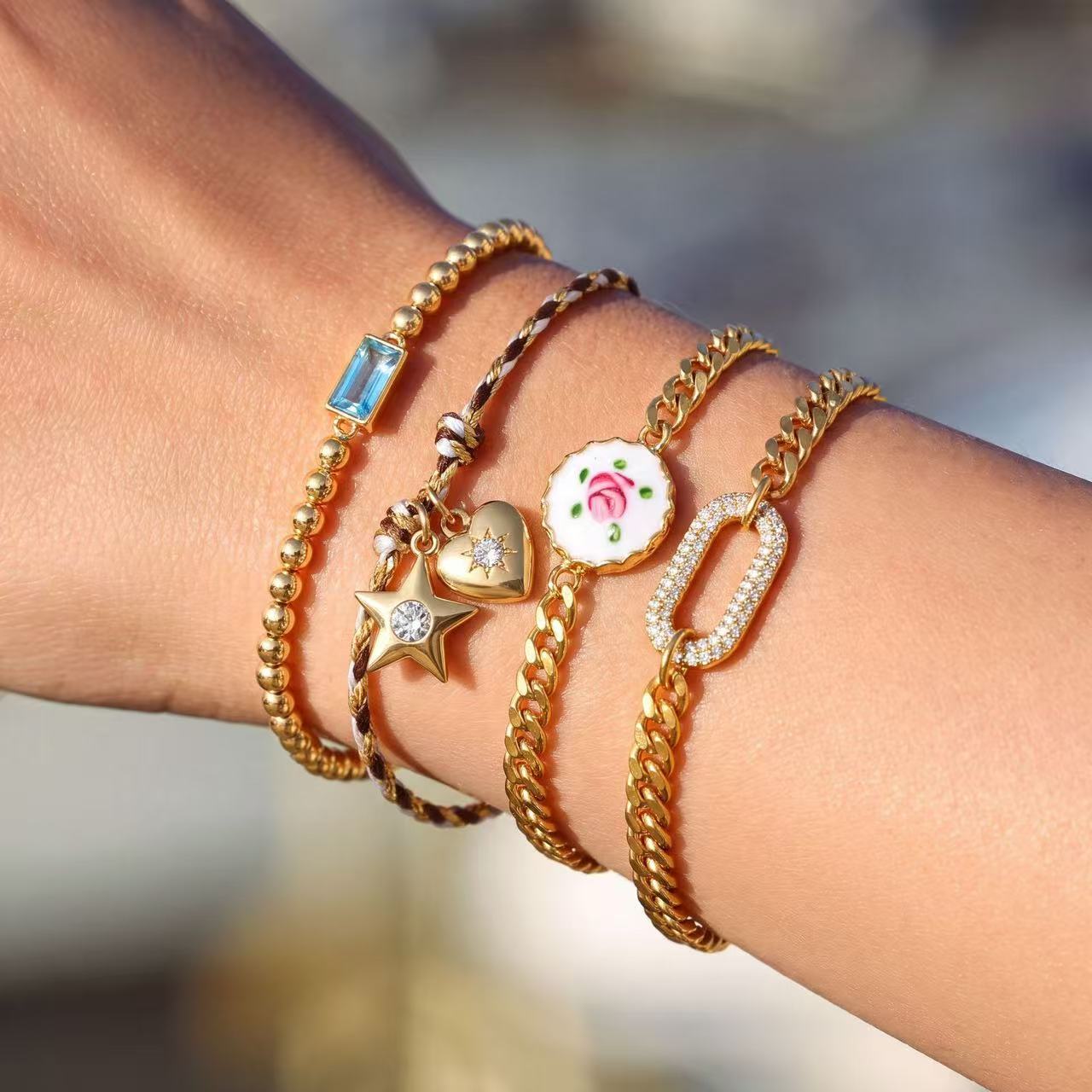 Gold Cuban Link & Heart Star Bracelet Set | Braided Rope & Elastic Beaded Strand | Lightweight Luxury Layering