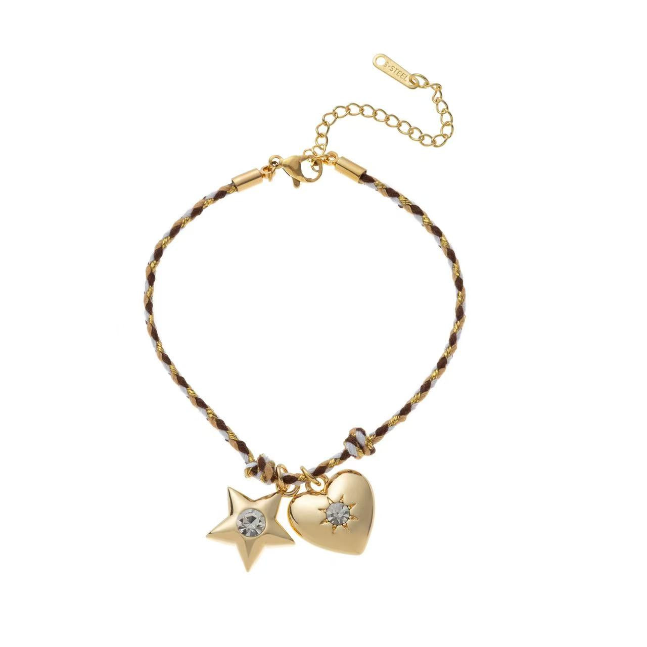 Gold Cuban Link & Heart Star Bracelet Set | Braided Rope & Elastic Beaded Strand | Lightweight Luxury Layering