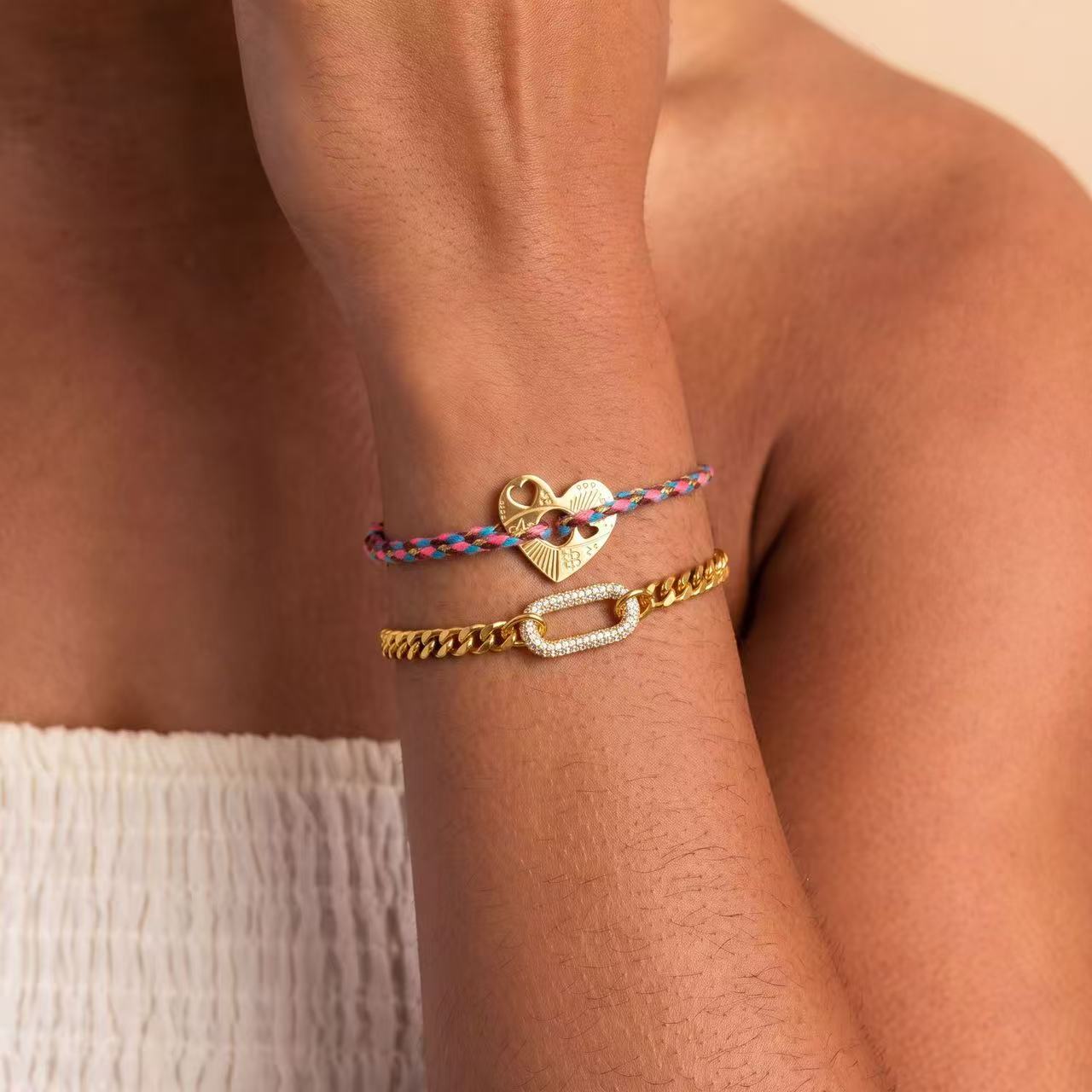 Gold Cuban Link & Heart Star Bracelet Set | Braided Rope & Elastic Beaded Strand | Lightweight Luxury Layering