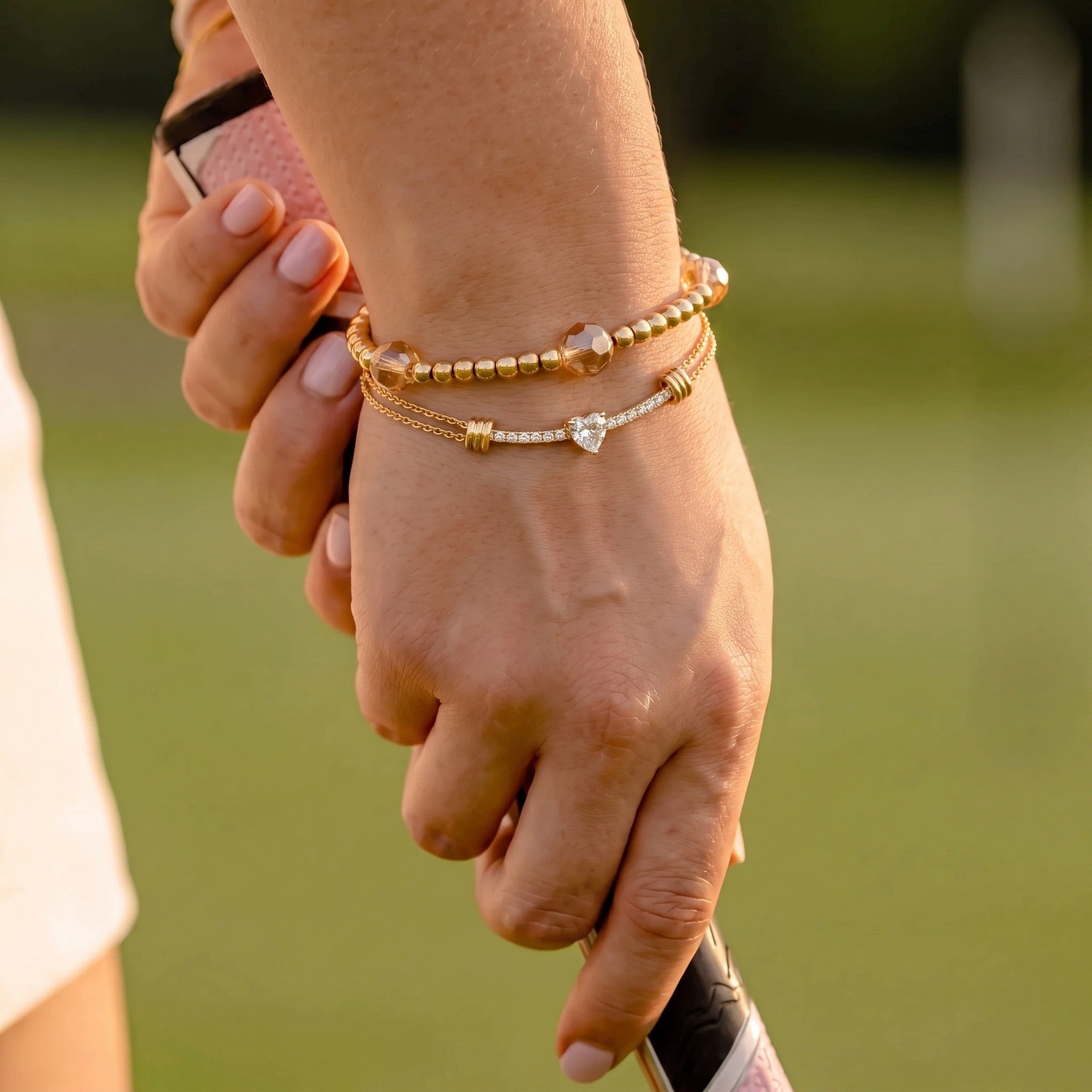 Lightweight Luxury Beaded Bracelet | Gold Ball & Hexagon Elastic Strand | Heart Zirconia Delicate Chain | Minimalist Versatile