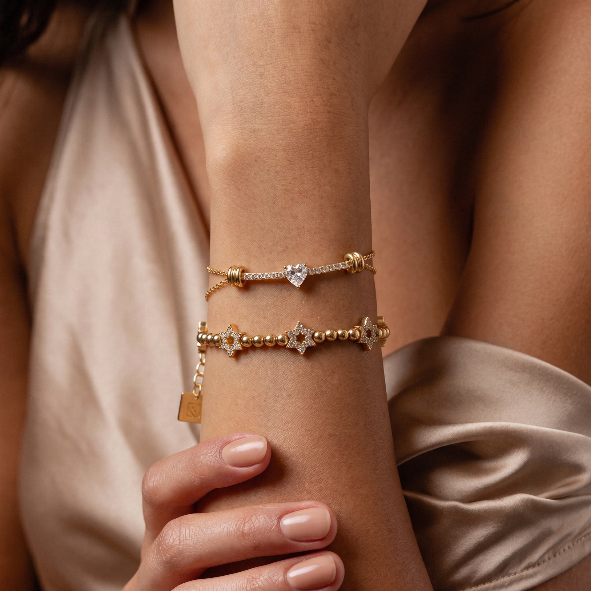 Lightweight Luxury Beaded Bracelet | Gold Ball & Hexagon Elastic Strand | Heart Zirconia Delicate Chain | Minimalist Versatile