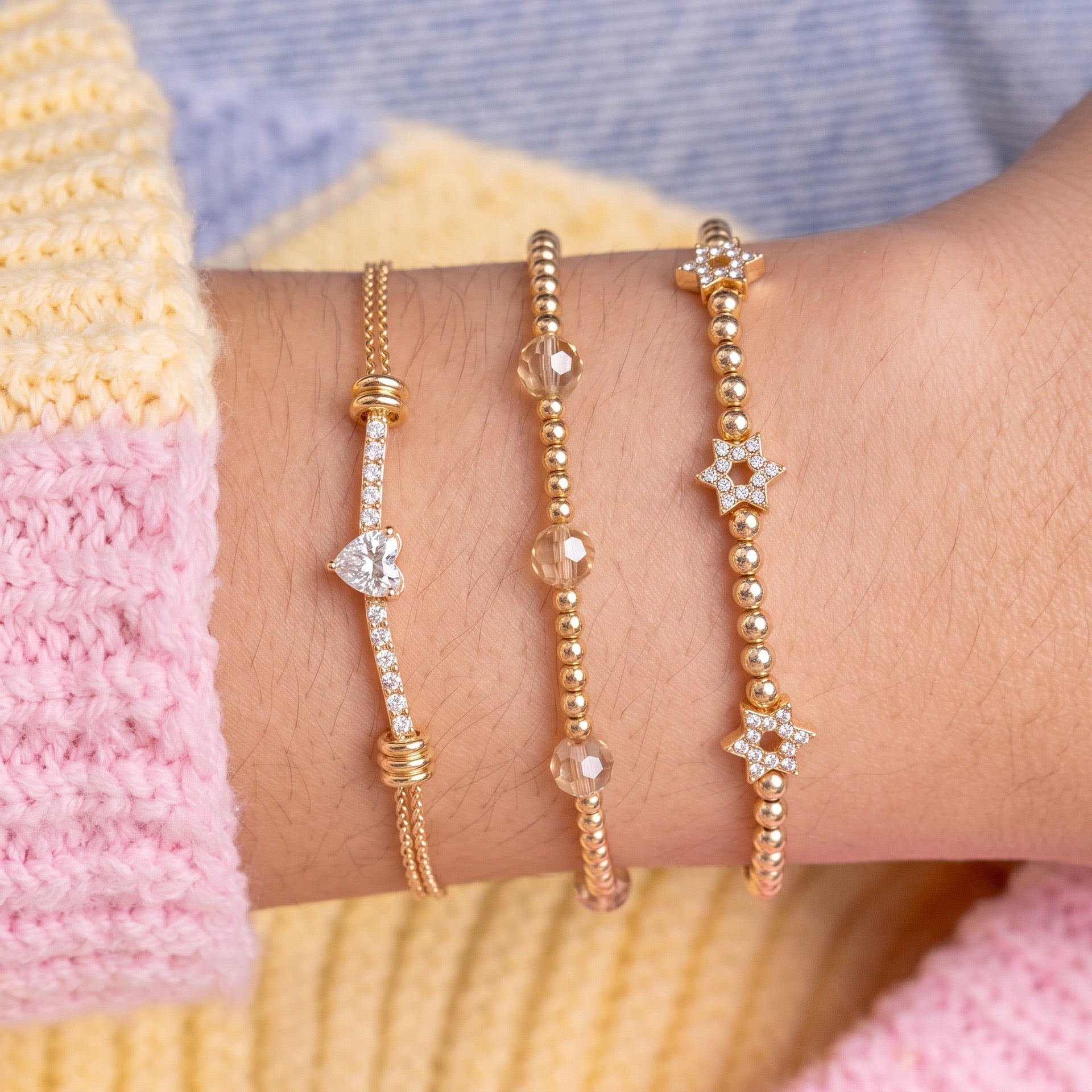 Lightweight Luxury Beaded Bracelet | Gold Ball & Hexagon Elastic Strand | Heart Zirconia Delicate Chain | Minimalist Versatile