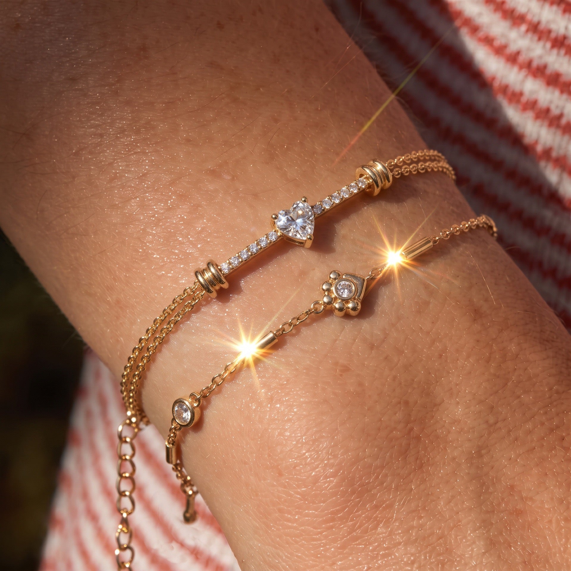 Lightweight Luxury Beaded Bracelet | Gold Ball & Hexagon Elastic Strand | Heart Zirconia Delicate Chain | Minimalist Versatile