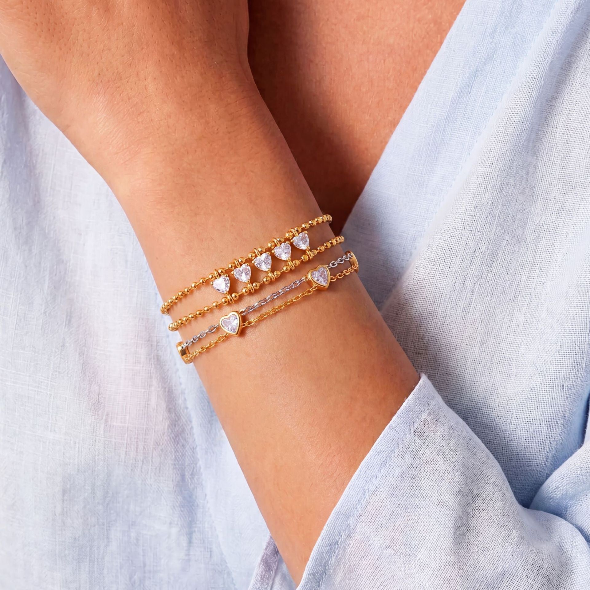 New Double-Layer Titanium Steel Bracelet | Heart Triangle Zirconia & Floral Design | 18K Gold Vacuum Plated Colour-Lasting