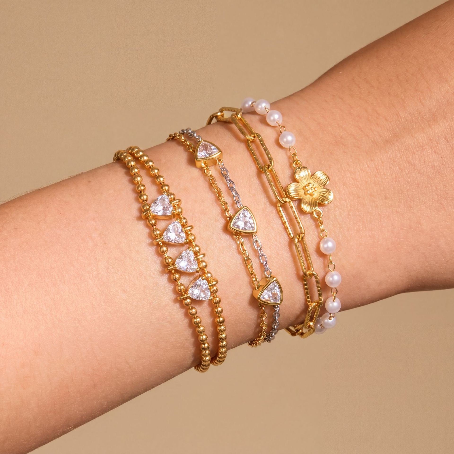 New Double-Layer Titanium Steel Bracelet | Heart Triangle Zirconia & Floral Design | 18K Gold Vacuum Plated Colour-Lasting