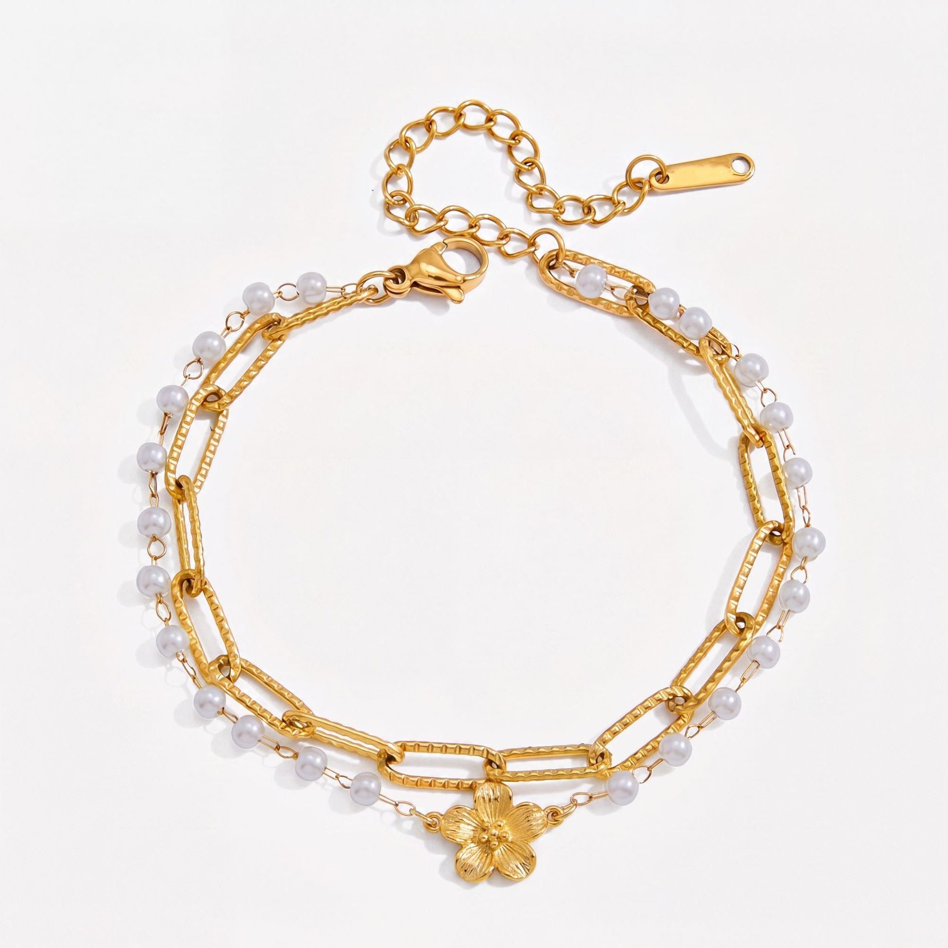 New Double-Layer Titanium Steel Bracelet | Heart Triangle Zirconia & Floral Design | 18K Gold Vacuum Plated Colour-Lasting