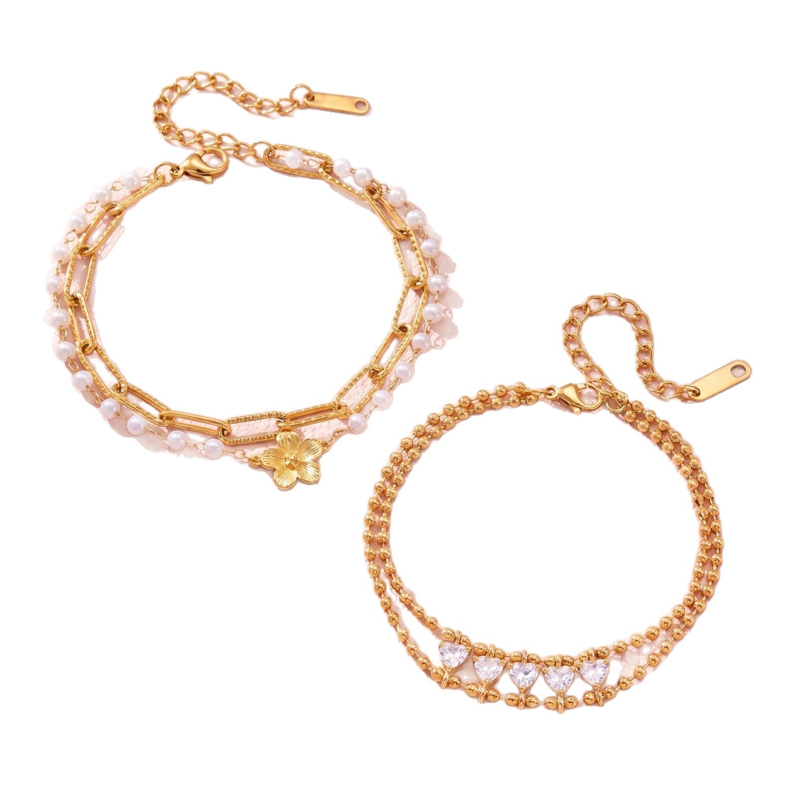New Double-Layer Titanium Steel Bracelet | Heart Triangle Zirconia & Floral Design | 18K Gold Vacuum Plated Colour-Lasting