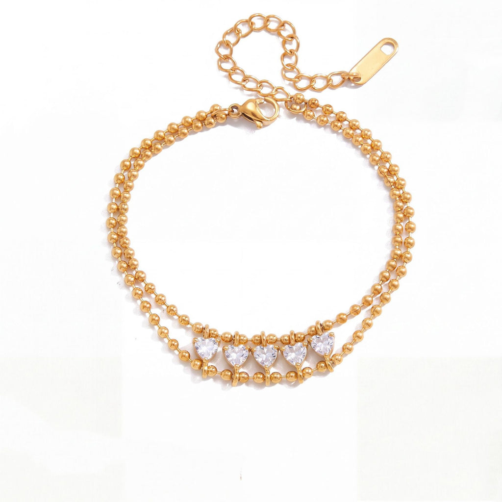 New Double-Layer Titanium Steel Bracelet | Heart Triangle Zirconia & Floral Design | 18K Gold Vacuum Plated Colour-Lasting