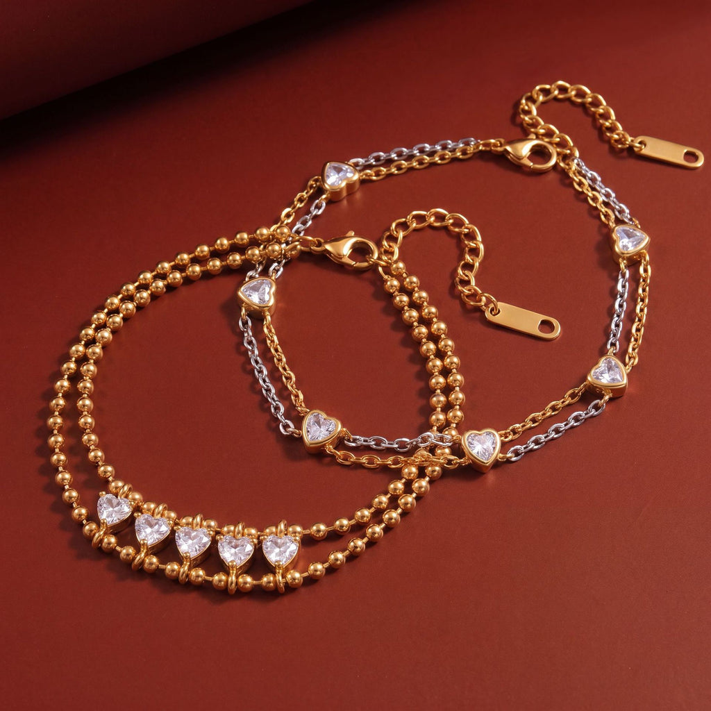New Double-Layer Titanium Steel Bracelet | Heart Triangle Zirconia & Floral Design | 18K Gold Vacuum Plated Colour-Lasting